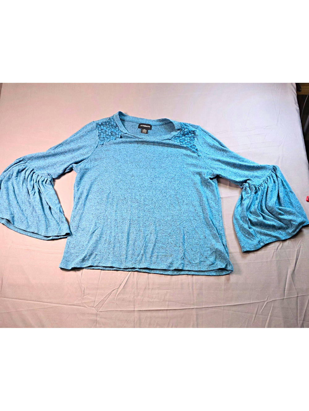 Liz Claiborne XL Soft Blue Knit Crochet Shoulder Round Neck Bell Sleeve Top